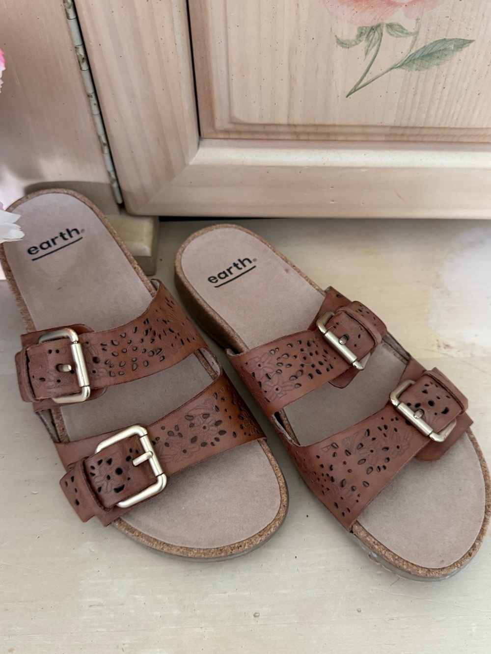 Earth Women's Tan Brown Double-Buckle Perforated Slide Sandals (gently used)